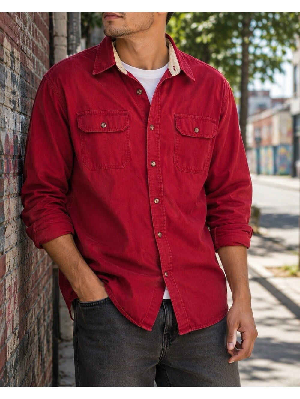 Wrangler Men’s Button Front Shirt Red 100% Cotton Long Sleeve Size XL